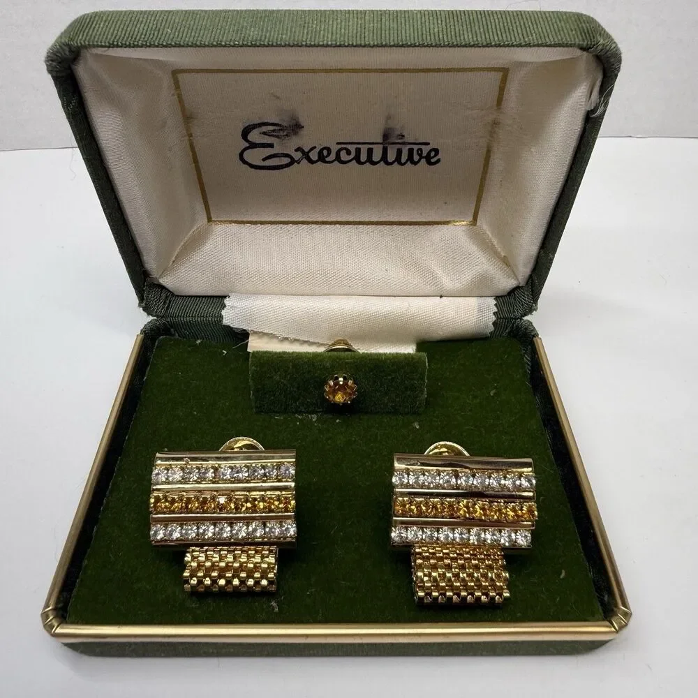 Vintage Executive Gold Tone Rhinestone Cuff Links & Tie Tack Matching Set New